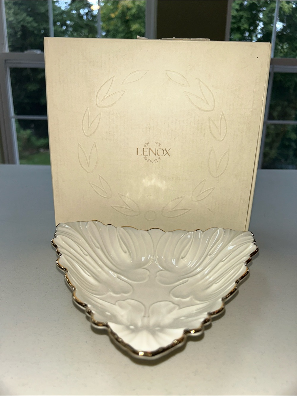 Vintage - NIB Lenox Cream Porcelain Triangular Candy/Trinket Dish with Gold Rim